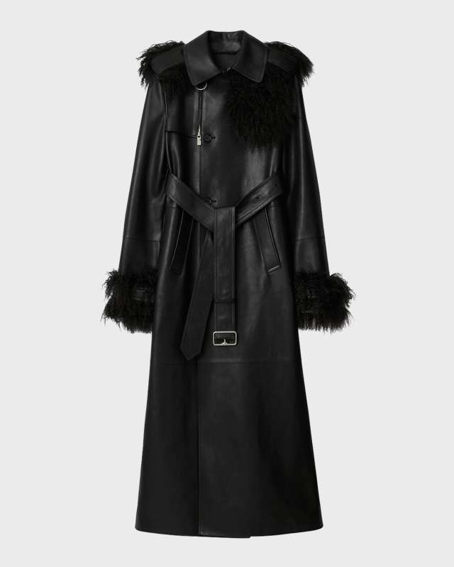 Mongolian Lamb Shearling and Leather Long Trench Coat